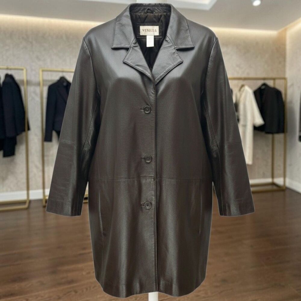 VTG 90s Venezia Leather Mid Length Car Coat Womens 20W Quilted Lining Minimalist